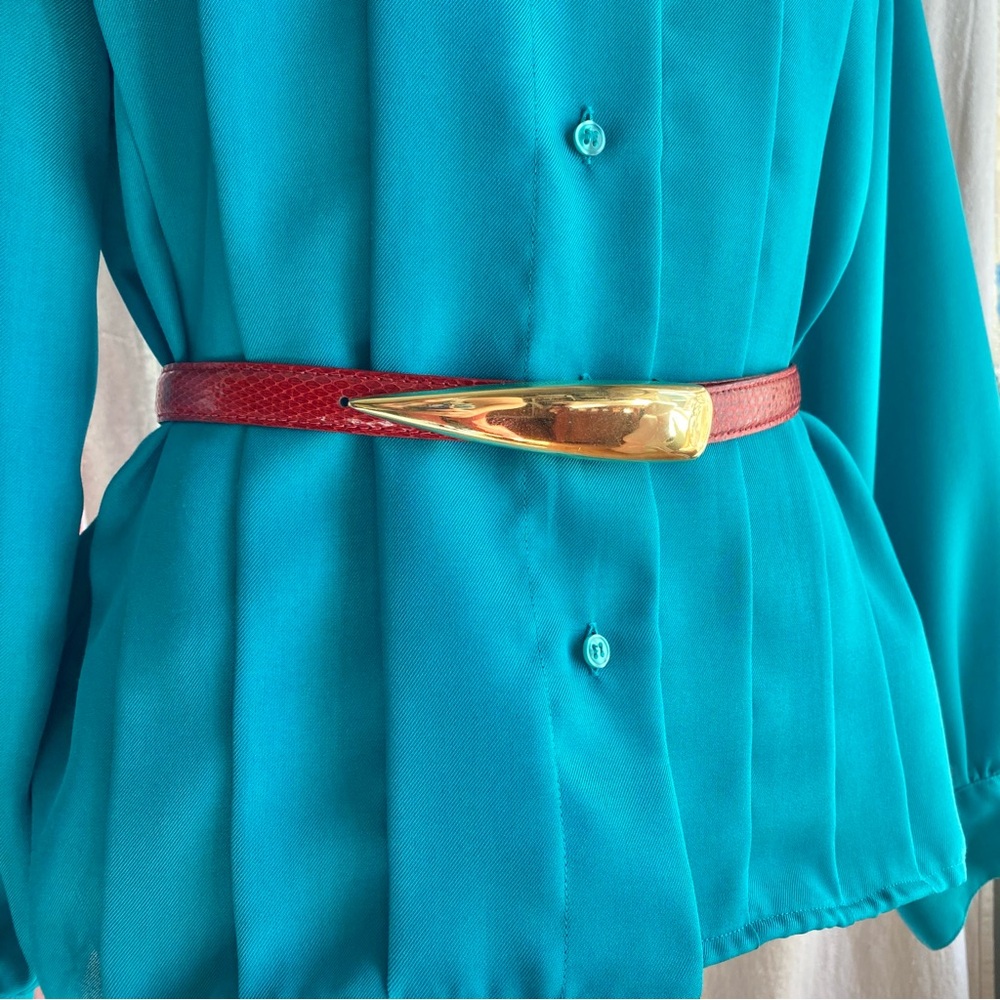 Vintage 1980s Glamorous Red Snake Skin on Leather Belt with Rad Gold Buckle